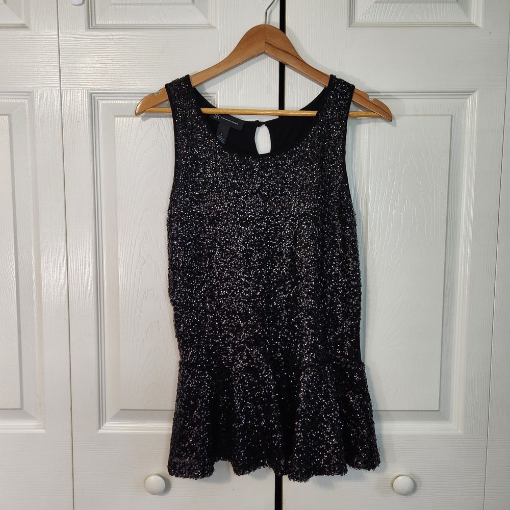INC International Concepts Womens Black Sequin Peplum Sleeveless Top Large
